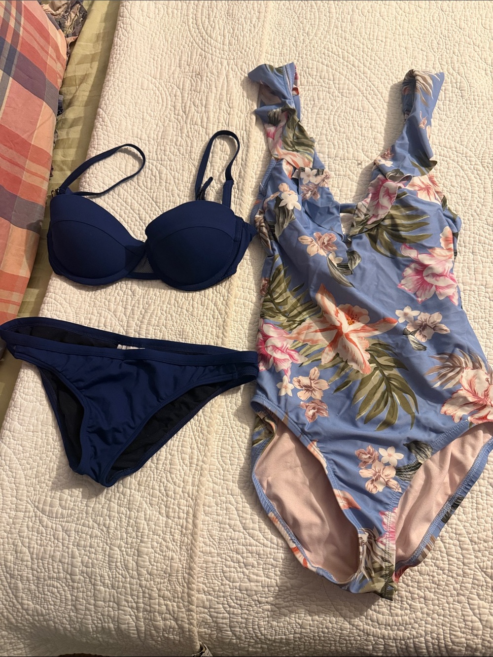 Floral Light Blue One-Piece Swimsuit with Navy Bikini Set